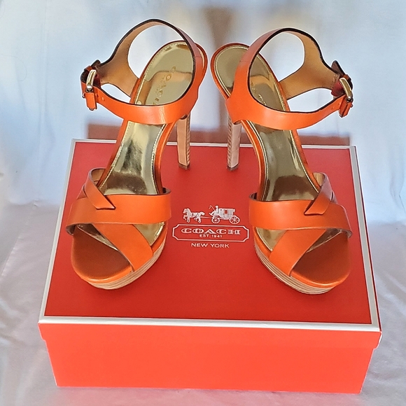 EUC Coach Orange Platform High Heels Shoes Sz 7 w/ Strappy Ankle Buckle with Box - Picture 4 of 16